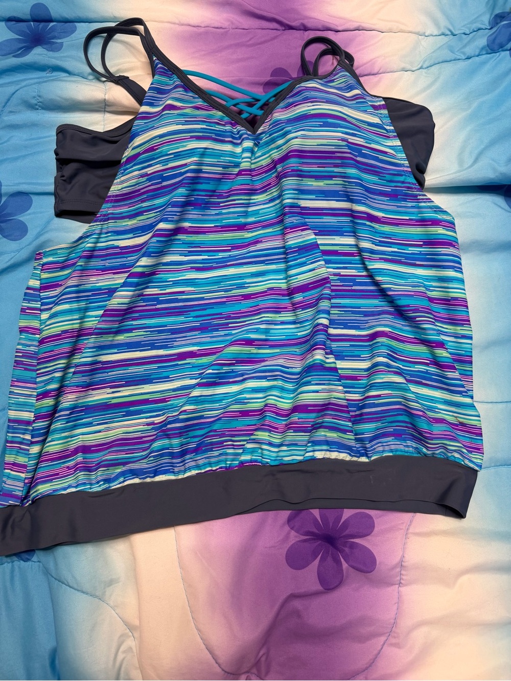 Free Country Blue, Teal & Purple Striped Women's Swim Tankini top